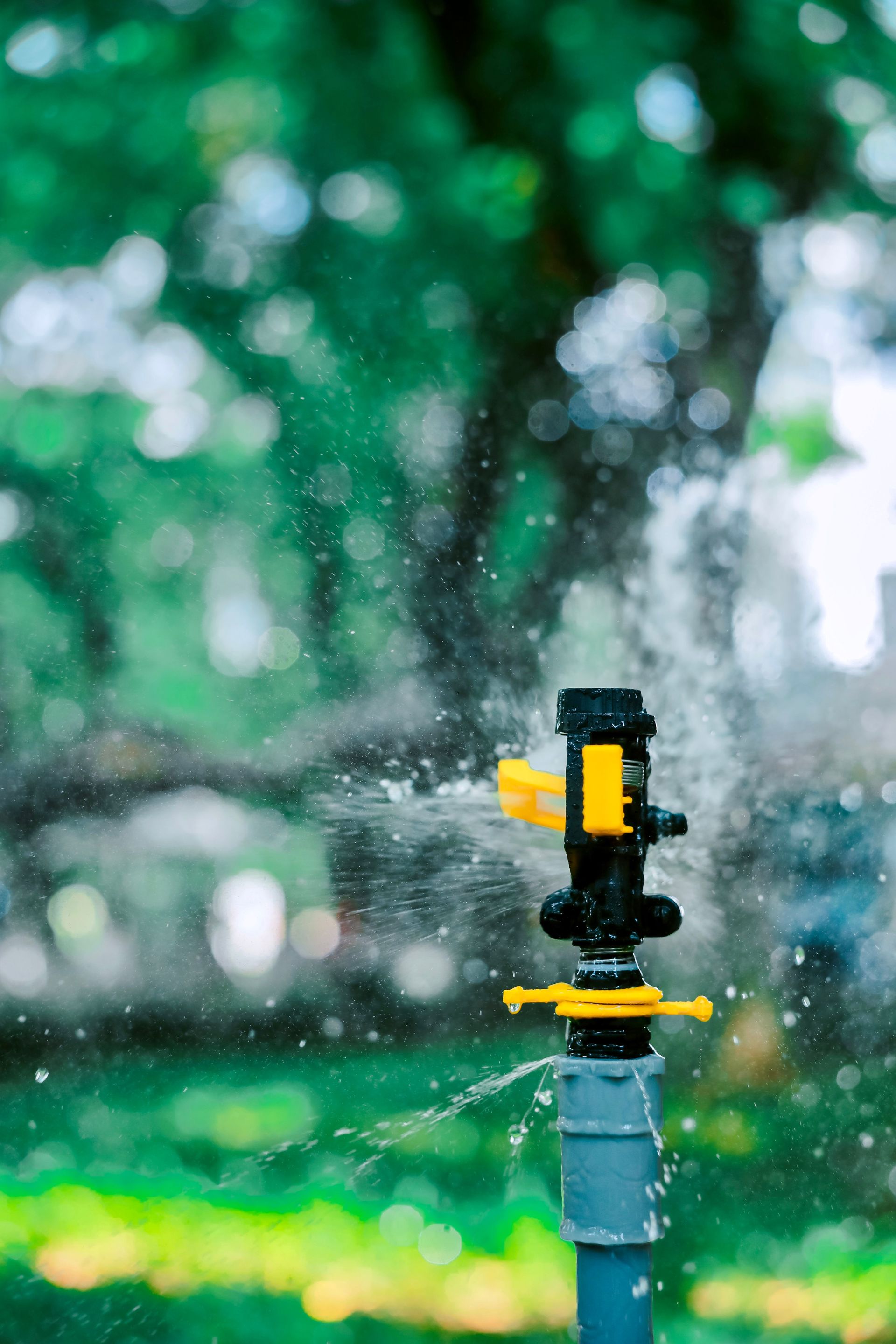Close-up of garden sprinkler watering lush greenery with vibrant bokeh background.